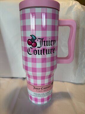 Juicy Couture 40oz Tumbler Pink Gingham Cherry Cup w Handle Straw